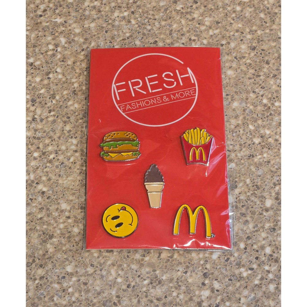 McDonalds Enamel Pin Set 5pc Big Mac Fries Golden Arches Smiley Face New
